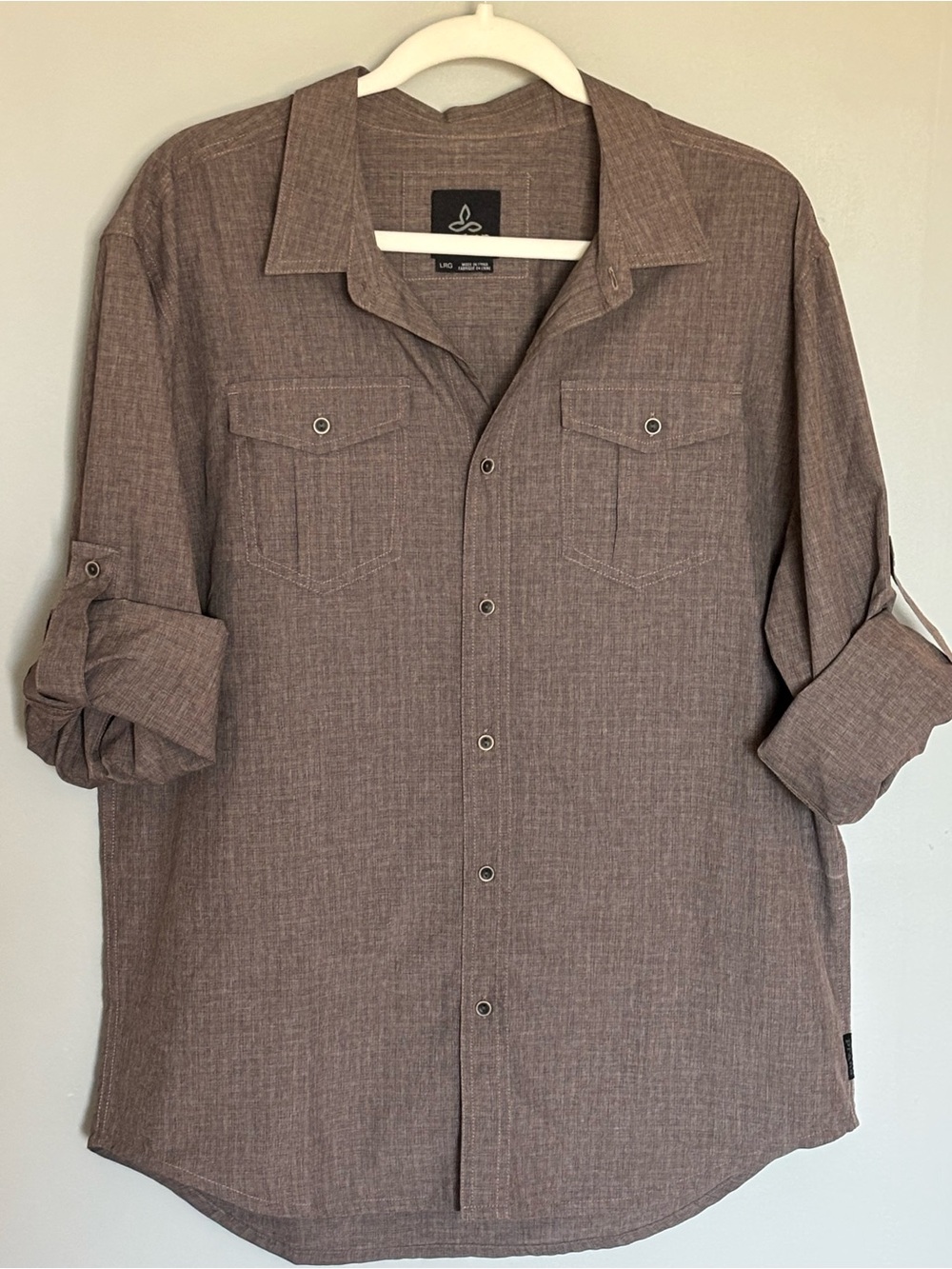 prAna Men’s Brown/Taupe Long Sleeve Button-Down Shirt | Large | Roll-Tab Sleeves - Picture 3 of 8
